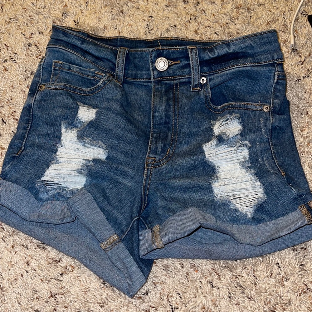 aero dark wash denim shorts high rise midi